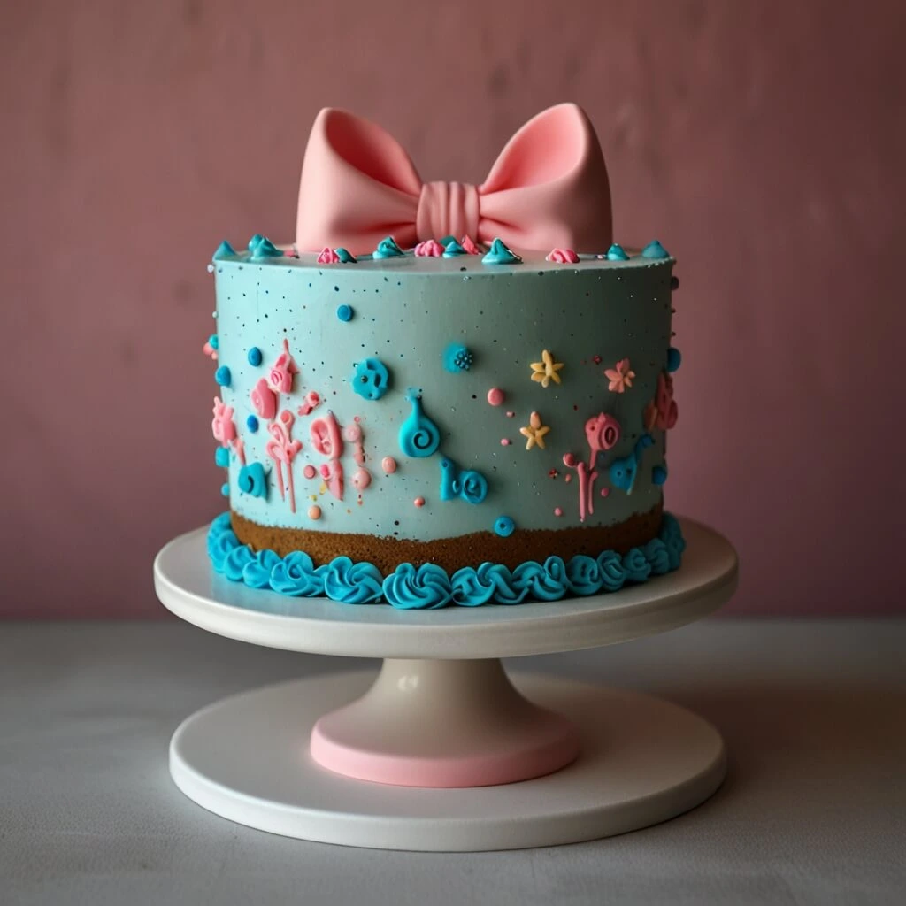 Gender reveal cake with a colorful interior revealing pink or blue