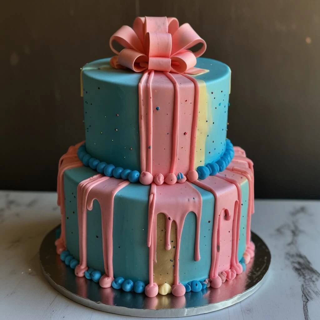 A two-tiered gender reveal cake with a blue and pink theme, decorated with dripping icing and a fondant bow on top.