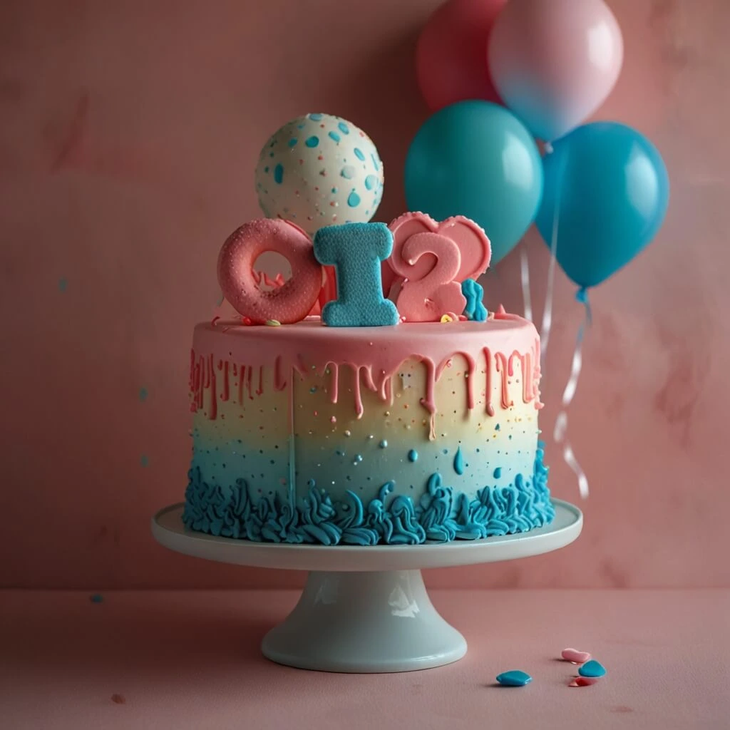 A gender reveal cake with pink and blue gradient frosting, dripping icing, and decorative elements including a globe topper and cookie numbers "0", "1", and "2", placed on a white cake stand with balloons in the background.