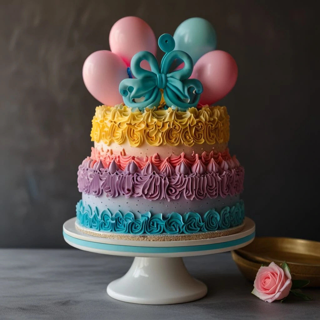 A colorful three-tiered gender reveal cake with ruffled buttercream frosting in shades of blue, purple, pink, and yellow, topped with pastel balloons and a blue fondant bow.